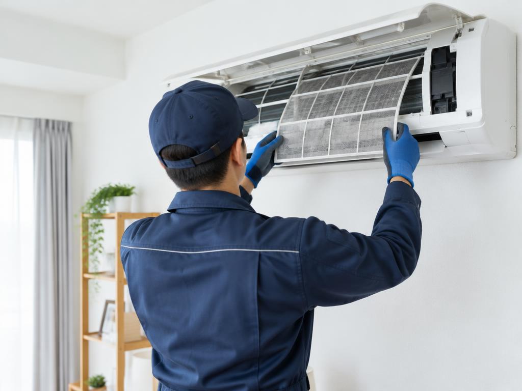 Engineer cleaning the filter of a wall-mounted air conditioner